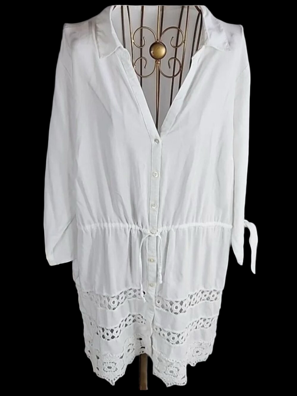 Unlisted White Lace Hem Button-Front Swim Coverup